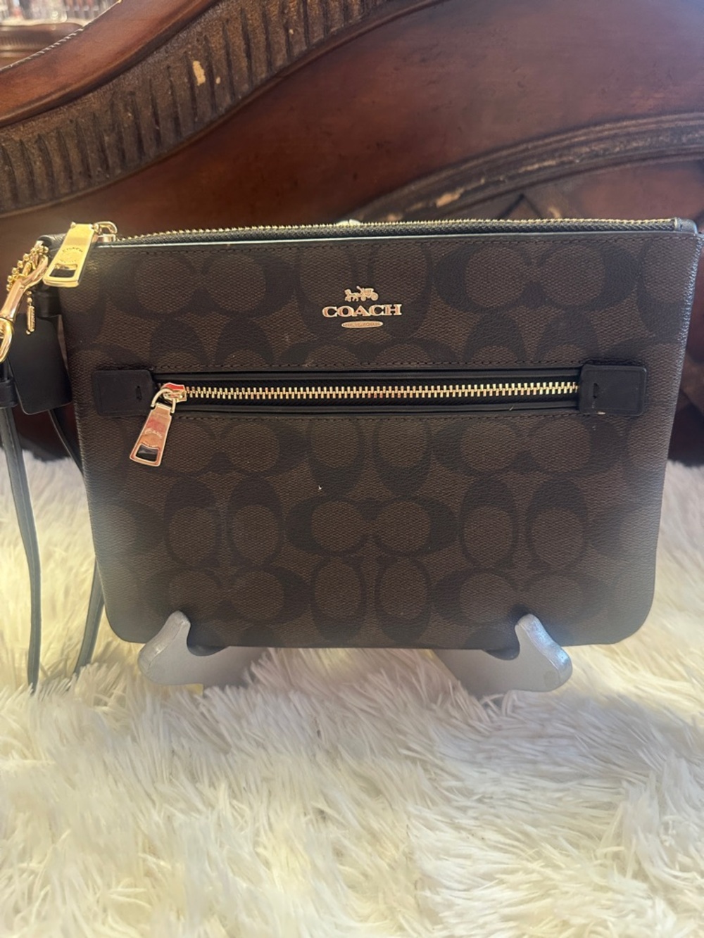 COACH Brown Signature Zip Wristlet with Gold Hardware